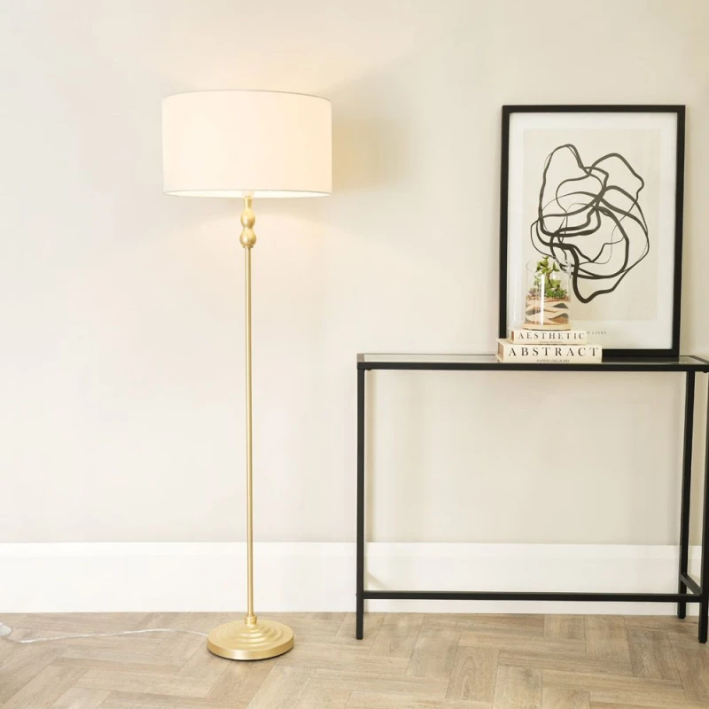 Image of ValueLights Maggie Gold Metal Candlestick Floor Lamp with Fabric Lamp Shade White