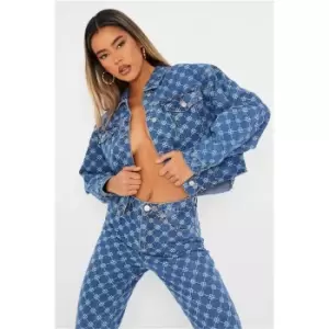 Image of I Saw It First Mid Wash Printed Cropped Denim Jacket - Blue