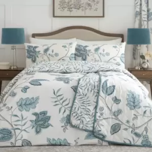 image of Dreams & Drapes Samira Floral Print Easy Care Reversible Duvet Cover Set, Teal, Double