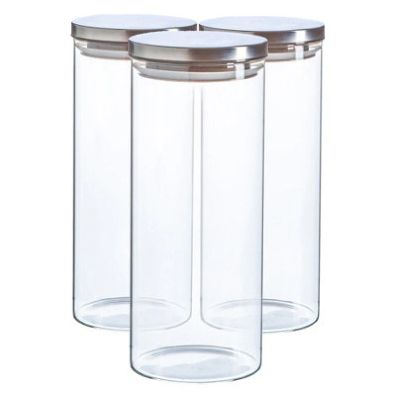 Image of Argon Tableware Glass Storage Jars - Silver Lid - 1.5 Litre - Modern Round Scandi Organisation Container Glass Jar - Set Of 3