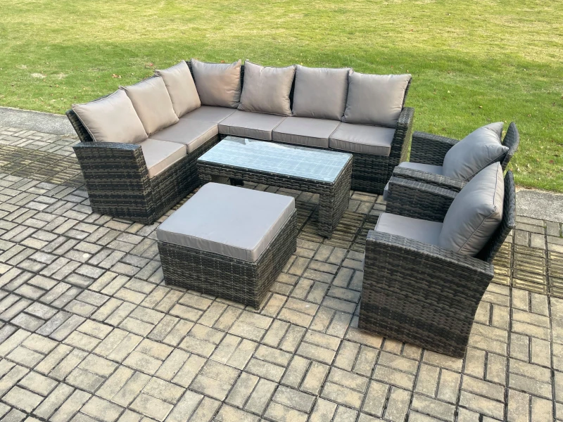 Image of Fimous Outdoor Furniture Garden Dining Set Rattan Corner Sofa Set with 2 Armchairs Big Footstool Dark Grey Mixed Dark Grey Unisex