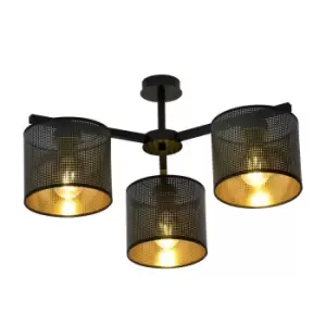 Image of Jordan Black Multi Arm Semi Flush Ceiling light with Black, Gold Fabric Shades, 3x E27