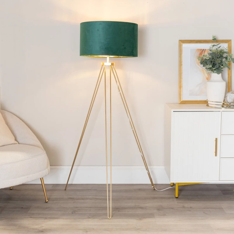 Image of ValueLights ValueLights Aero Hairpin Gold Tripod Floor Lamp with Velvet and Gold Drum Lamp Shade in Bottle Green Bottle Green One Size Unisex 50594060