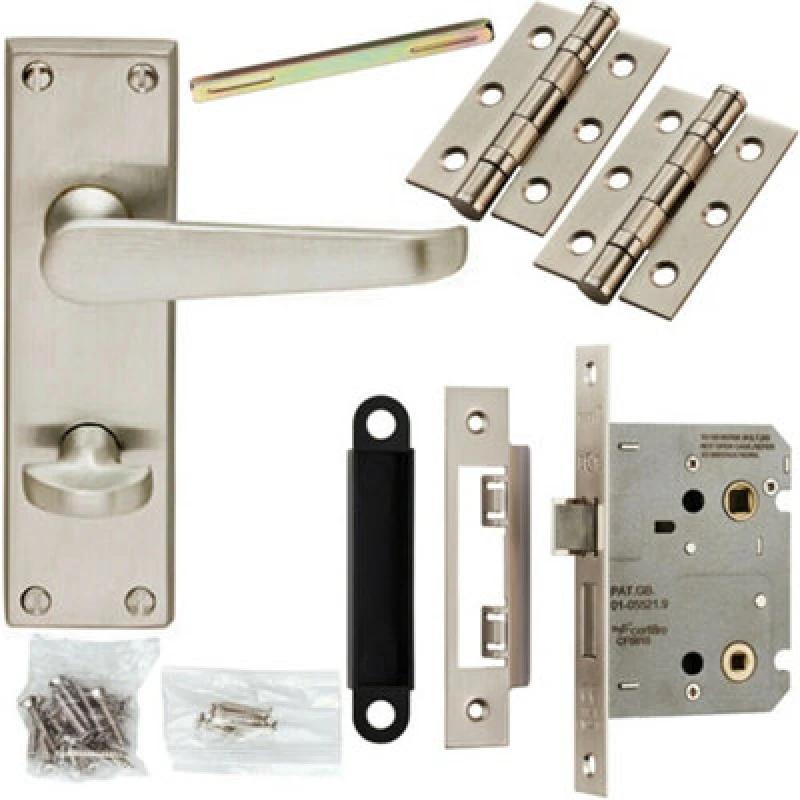 Image of Loops Door Handle & Bathroom Lock Pack Satin Chrome Victorian Flat Lever Backplate Multi