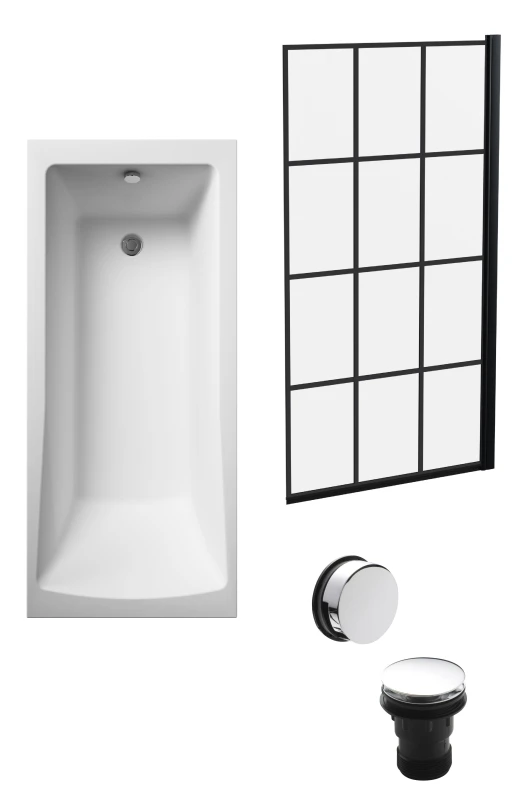 Image of Balterley Square Bath, Abstract Black Screen, Chrome Waste -1700x700mm Silver