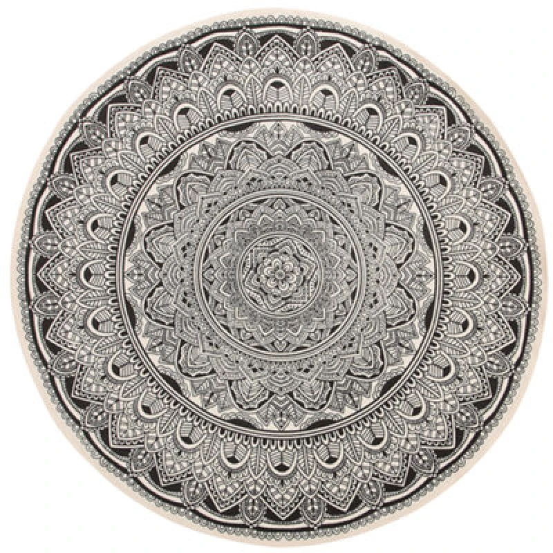 Image of Beliani Round Cotton Area Rug Mandala Pattern 120 Cm Black And Cream Hizan