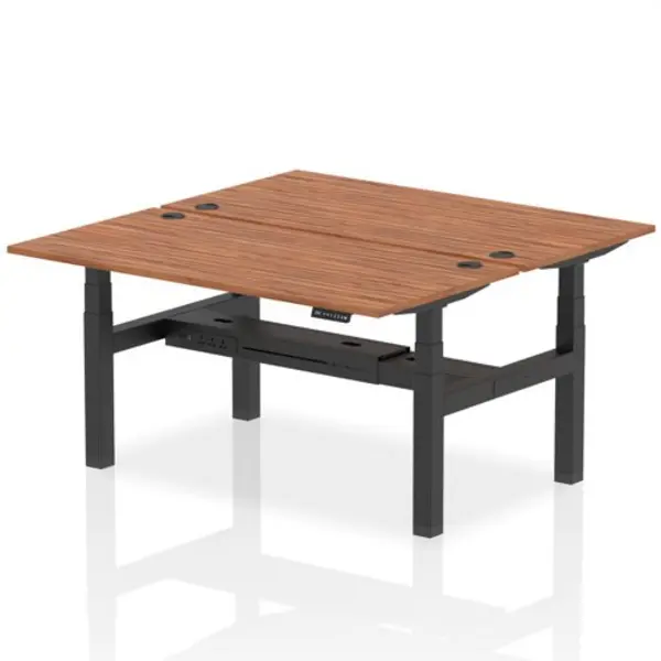 Image of Air Air Back-to-Back 1600 x 800mm Height Adjustable 2 Person Bench Desk Walnut Top with Cable Ports Black Frame HASCP2P16800WNTB
