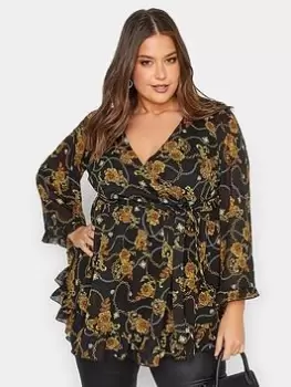 Image of Yours Chain Floral Ruffle Wrap Top - Black, Size 16, Women