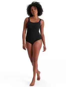 Image of Speedo Lunalustre Printed Shaping Swimsuit, Black/Multi, Size 32, Women