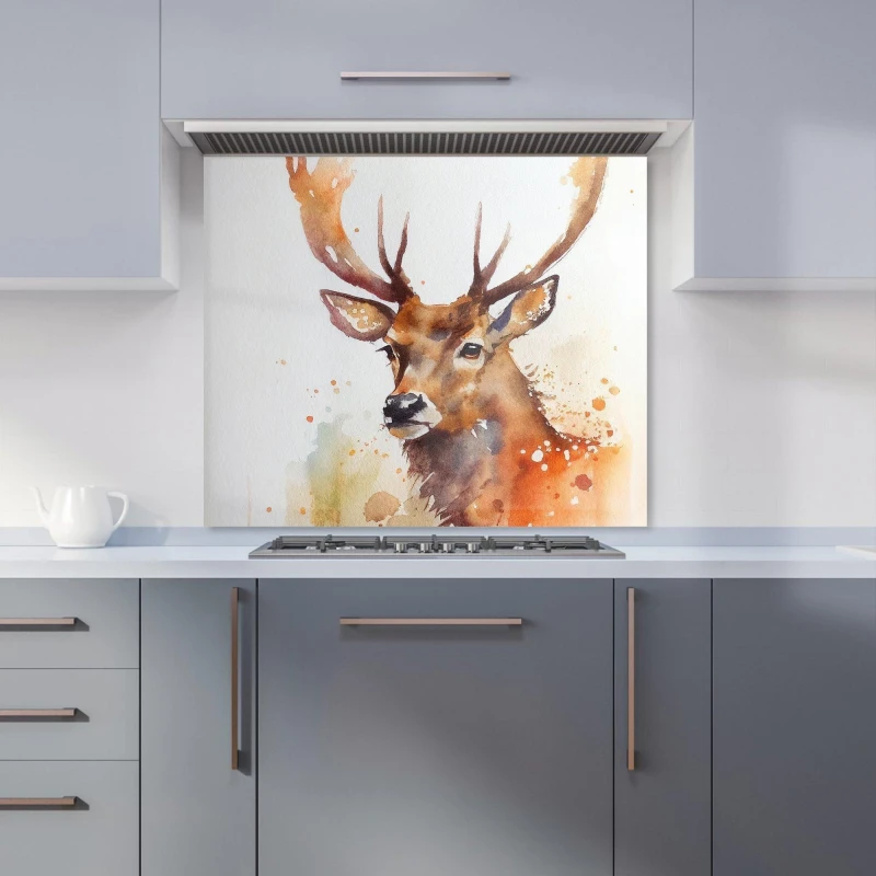 Image of Warren Reed - Designer Majestic Stag Watercolour Kitchen Splashback in Brown Size: 600mm x 750mm Brown Unisex 600mm x 750mm
