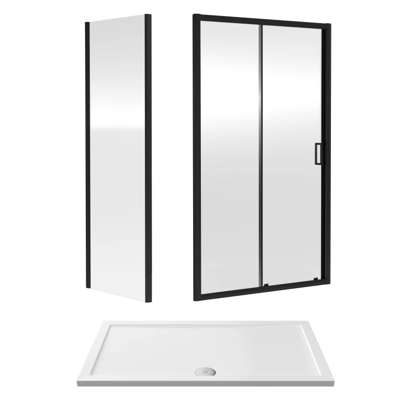 Image of Balterley 6mm Glass Sliding Shower Door Side Panel Tray 1400x800x1900mm Black White