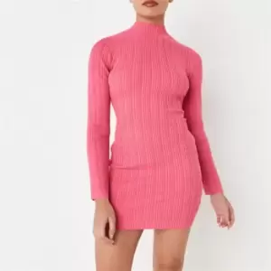 image of Missguided Petite Rib High Neck Knit Mini Dress - Pink