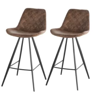 image of HOMCOM Set Of 2 Bar Stools Vintage Microfiber Cloth Tub Seats Padded Comfortable Steel Frame Footrest Quilted Home Business Bar Brown