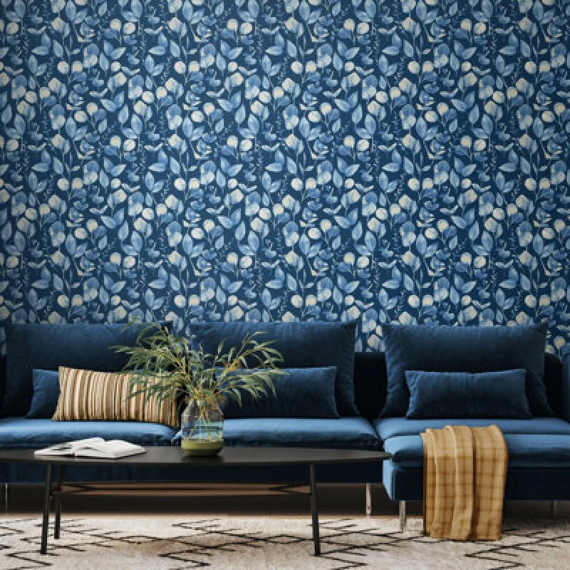 Image of Hoopla Walls Watercolour Leaves - Slate Blue 10M Wallpaper