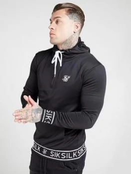 SikSilk Quarter Zip Branded Ribbed Hoodie - Black, Size XL, Men