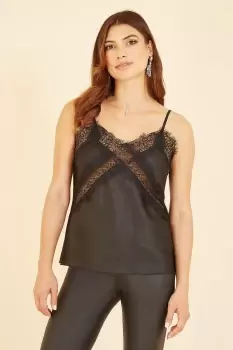 image of Black Satin Lace Detail Vest Top