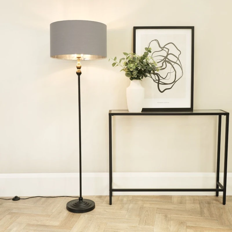Image of ValueLights Maggie Black Candlestick Floor Lamp with Grey and Metallic Chrome Shade and Bulb Grey