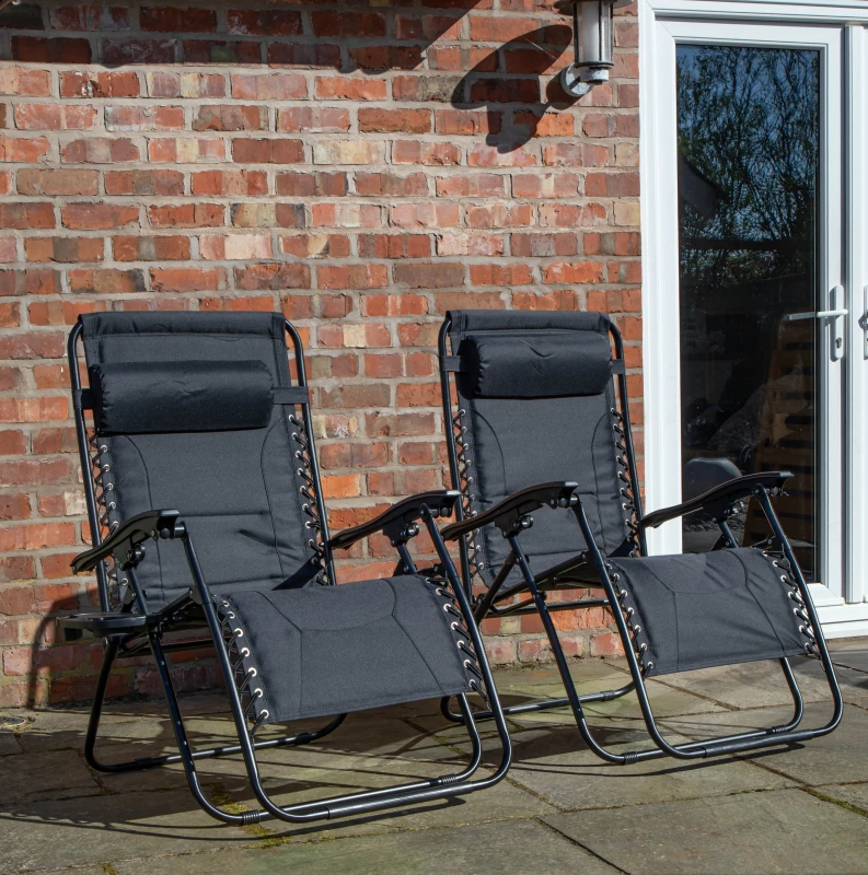 Image of Set of 2 Luxury Padded Multi Position Zero Gravity Garden Relaxer Chair Lounger in All Black