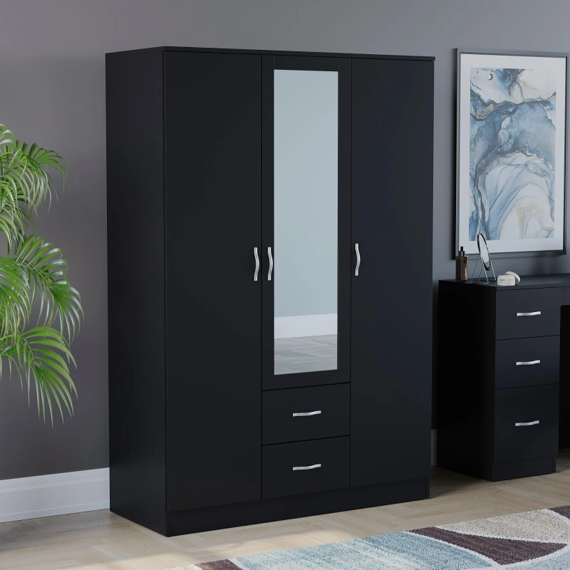 Image of Lassic Vida Designs Riano 3 Door 2 Drawer Mirror Wardrobe Black unisex 3+2