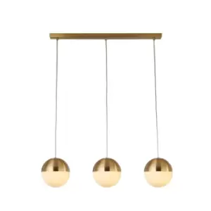 Image of 3 Light Pendant, Satin Brass With Opal Glass. Ball Dia180mm