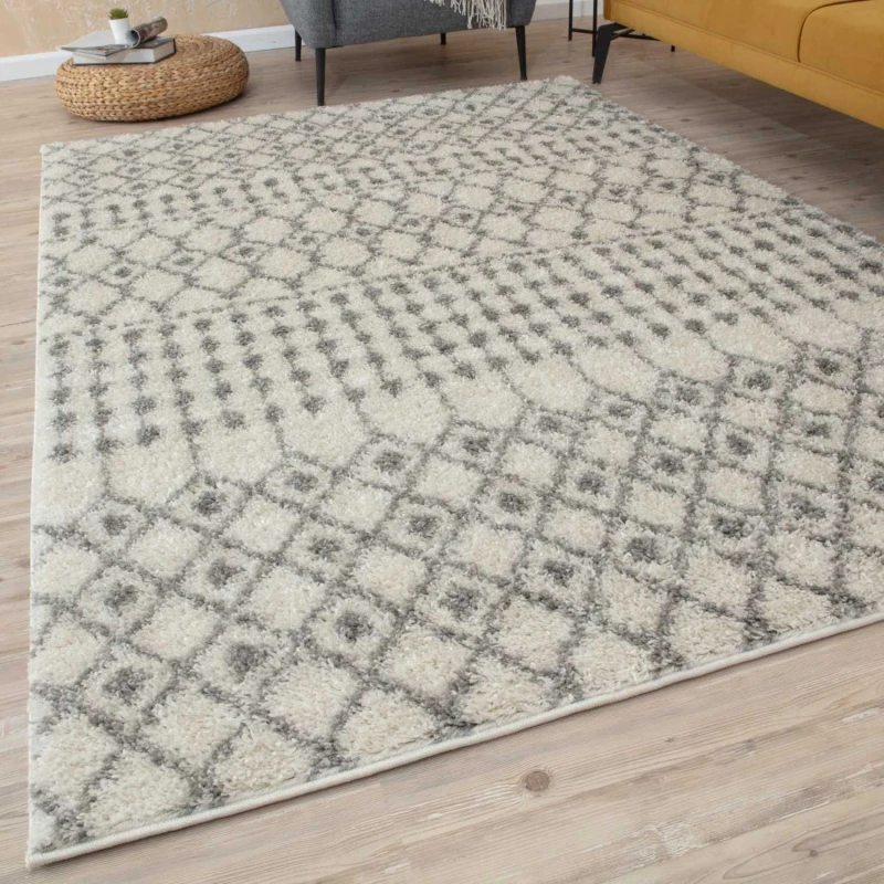Image of THE RUGS Soft Moroccan Diamond Shaggy Rugs & Runners Ivory Grey Living Room Size: 180cm x 270cm Ivory Unisex 180cm x 270 cm