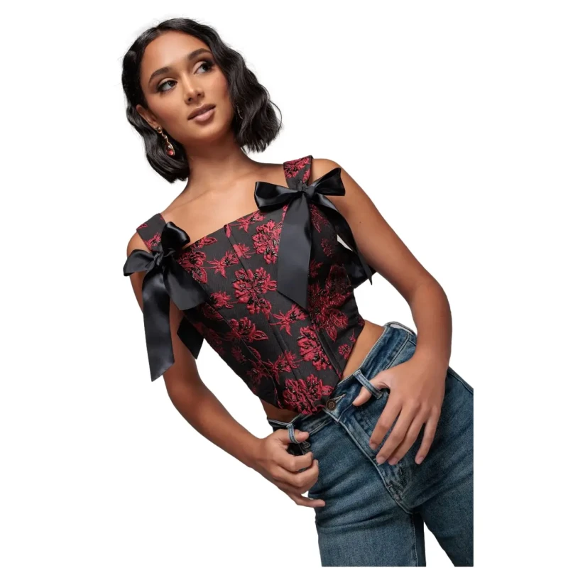 Image of Goddiva Womens Jacquard Multiway Removable Strap Corset in Black Size: 8 Black Female 8