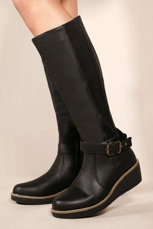 Image of Where's That From Womens 'Ayleen' Wedge Heel Knee High Boots in Black Size: 5 Black Female 5