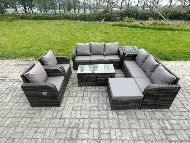 Image of Fimous 11 Seater Wicker PE Rattan Sofa Set Outdoor Patio Garden Furniture with 2 Reclining Chairs Coffee Table Side Table Dark Grey