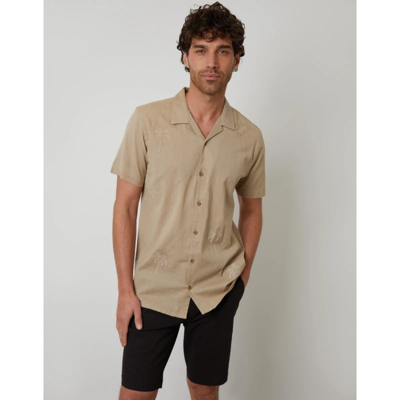 Image of Threadbare Mens Short-Sleeve Bowling Shirt Stone male Small