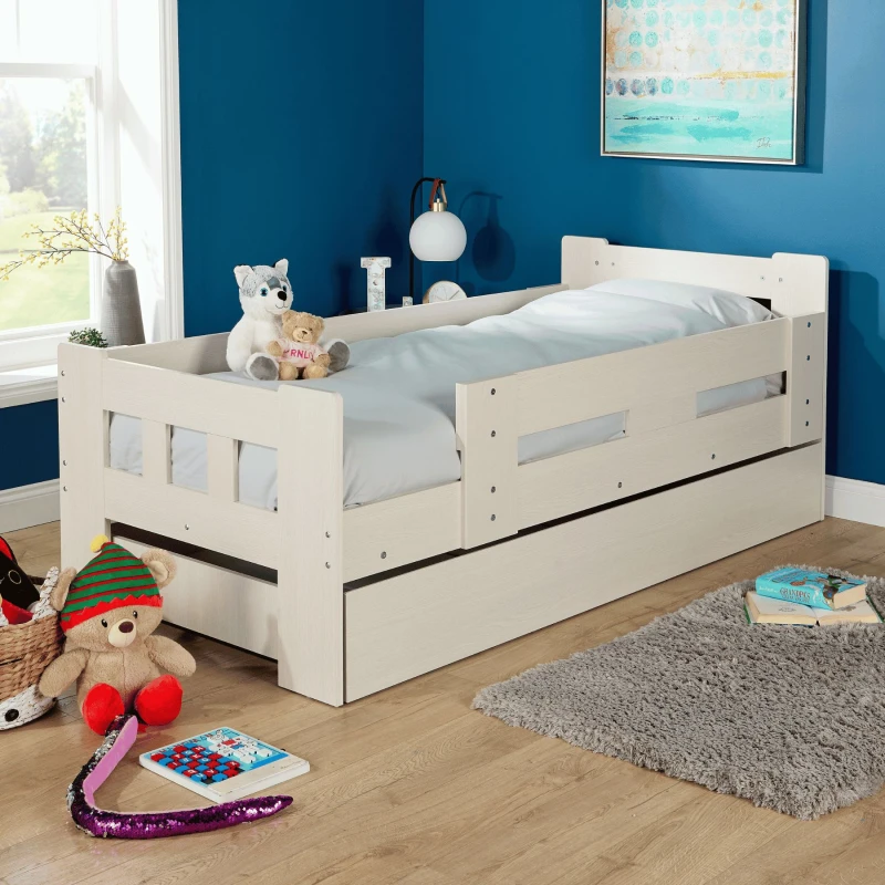 Image of Home Source Kids Single Pull Out Trundle Guest Bed Compact Design Wooden Frame in White White Unisex Single