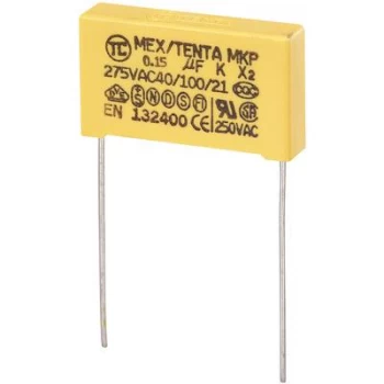 image of MKP X2 suppression capacitor Radial lead 0.15 uF 275 V AC 10 22.5mm L x W x H 26.5 x 6 x 15mm MKP X2