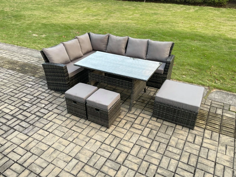 Image of Fimous 9 Seater Garden Rattan Furniture Corner Dining Set with 3 Footstools Indoor Outdoor Lounge Sofa Set Dark Grey Mixed Dark Grey Unisex