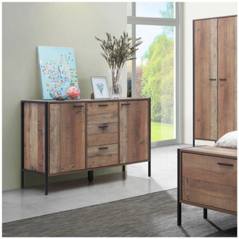 Image of Timber Art Design Stretton Sideboard 2 Doors 3 Drawers Storage Cabinet Cupboard Rustic Industrial