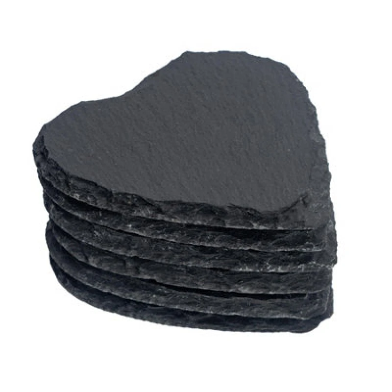 Image of Argon Tableware Heart Slate Coasters - 10cm - 6x Natural Black Stone Home Kitchen Drink Coffee Cup Glass Holder Table Mat Placemats Black