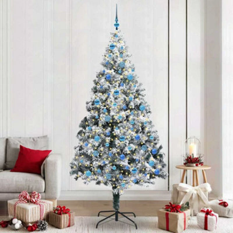 Image of vidaXL Artificial Christmas Tree with 300 LEDs with Stand, Blue Balls Snow Flocked Green 240 cm, Green 3396987