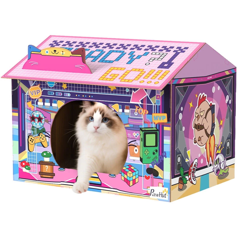 Image of Pawhut Cardboard Cat House With Scratching Board & Catnip, Gaming Style