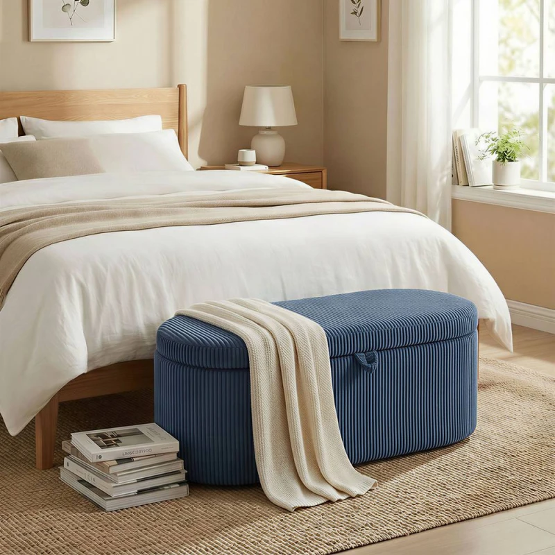 Image of HOMCOM Storage Ottoman, Corduroy Ottoman Storage Box with Padded Seat, Blue Blue Unisex