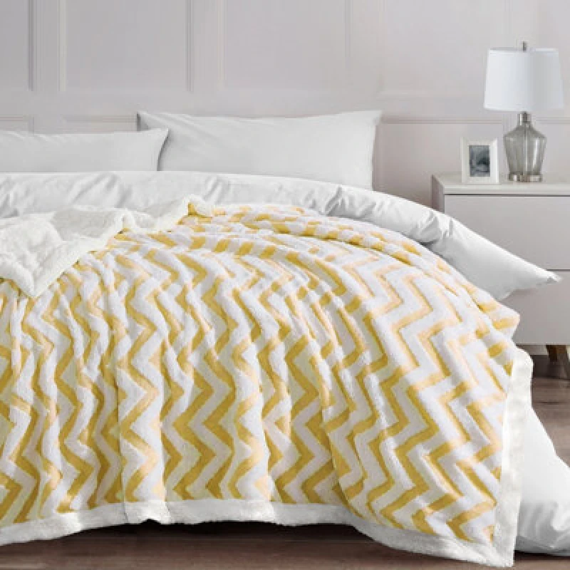 Image of Velosso Luxury Sherpa Backed Jacquard Thermal Blanket, Soft Fleece Throw With Textured Weave For Sofa, Bed - 100Cmx150Cm -Ochre