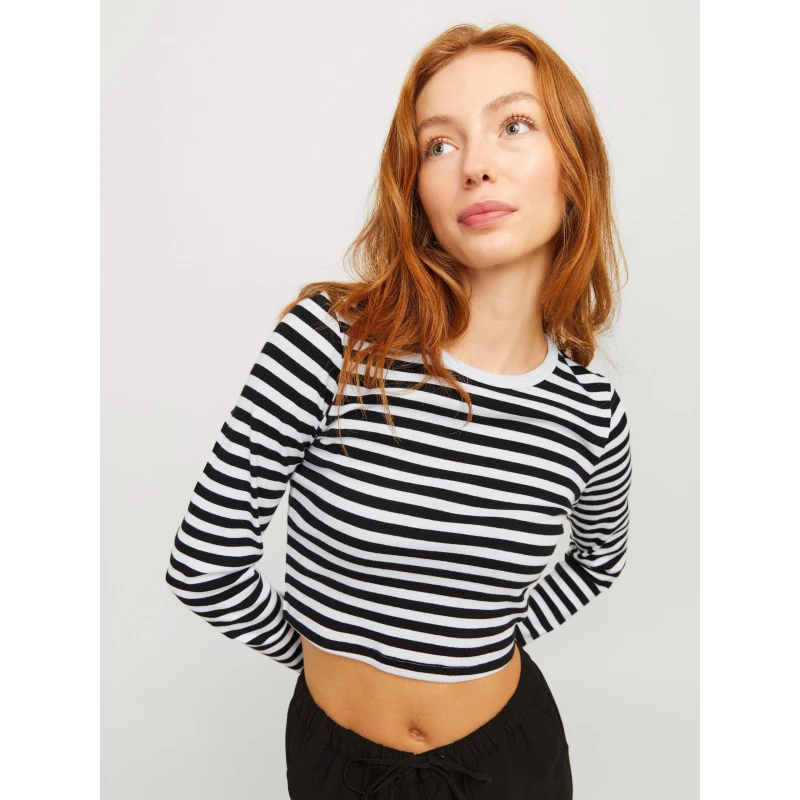 Image of JJXX Womens Feline Long-Sleeve Striped Crop Top Bright White female 10 (S)