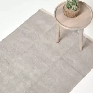 Image of Light Grey 100% Cotton Plain Chenille Rug with Natural Trim, 110 x 170cm - Grey - Homescapes