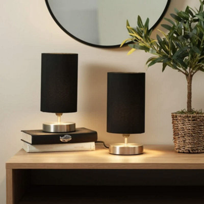 Image of ValueLights Francis Brushed Chrome Touch Table Lamps with Fabric Shade and LED Bulb Black