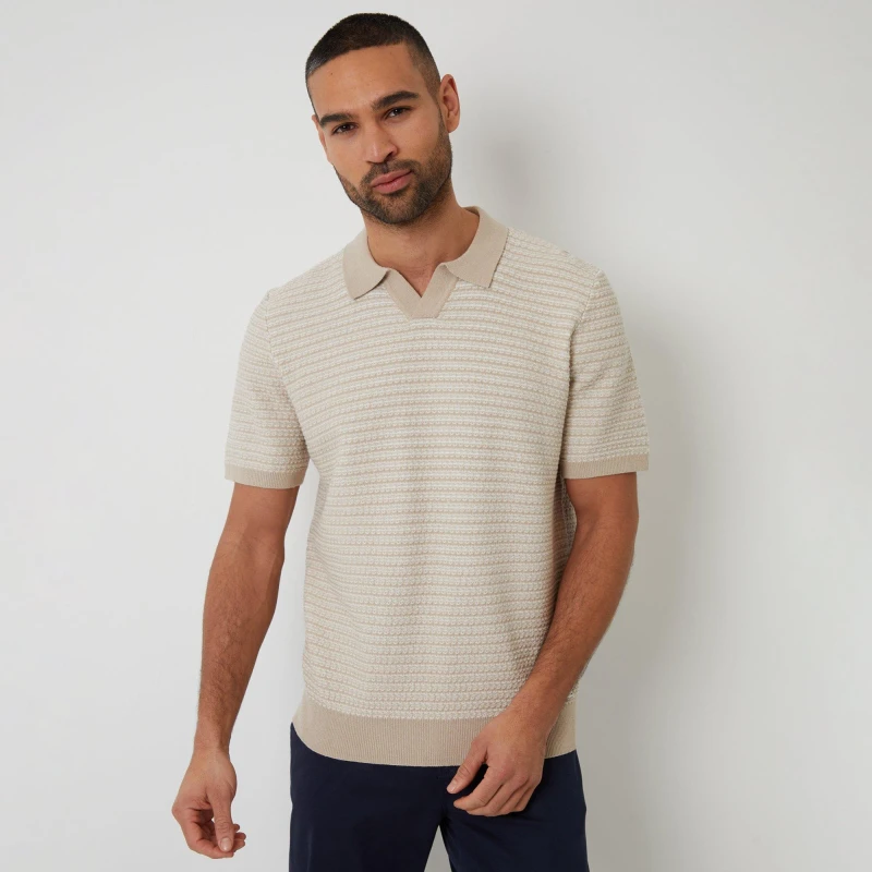 Image of Threadbare Textured Stripe Trophy Neck Knitted Polo Shirt Beige
