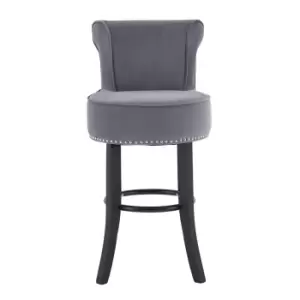 Image of Bar Chair in Grey Velvet & Stud Detail with Black Tropical Hevea Wood Legs