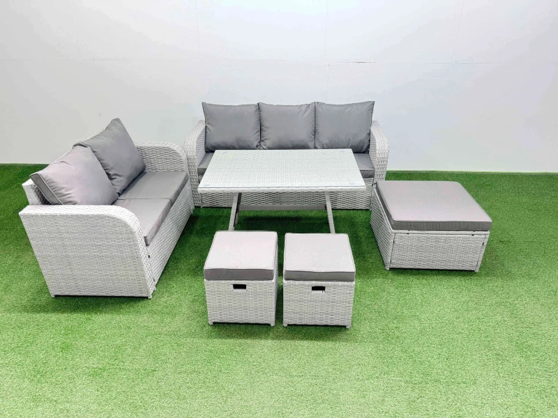 Image of Fimous Rectangular Dining Table Sofa Set with 3 Stool Light Grey Light Grey Unisex