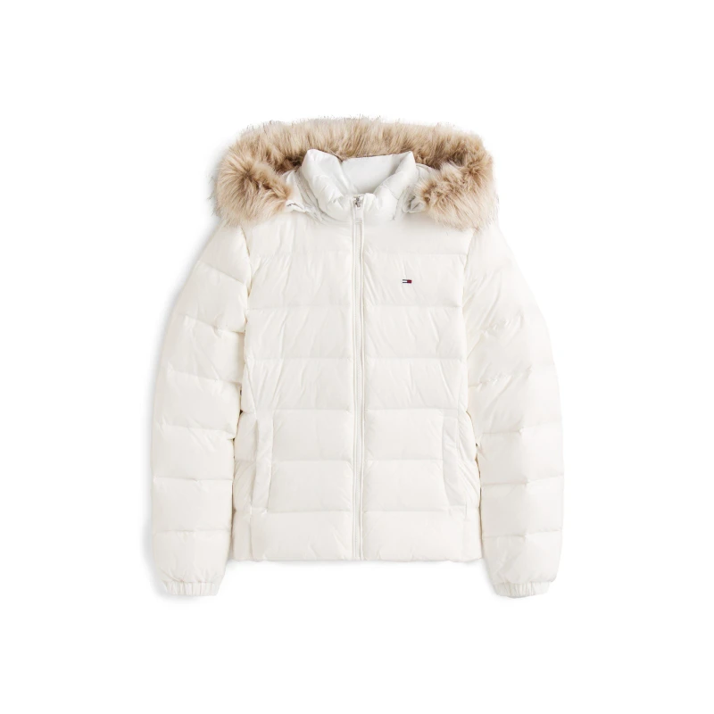 Image of Tommy Jeans Womens Essential Quilted Wind Resistant Faux Fur Hood RDS Down Short Puffer Jacket Ecru female 12 (M)