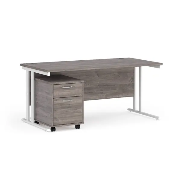 Maestro 25 Straight Desk with White Cantilever Frame and 2 Drawer Pedestal - Grey Oak - 1600mm x 800mm