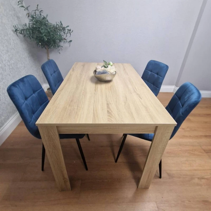 Image of KOSY KOALA Oak Effect Wood Dining Set Table with 4 Blue Velvet Chairs in Light Brown Light Brown Unisex