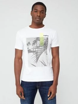 Image of Replay Beach Print Short Sleeve T-Shirt - White, Size 2XL, Men