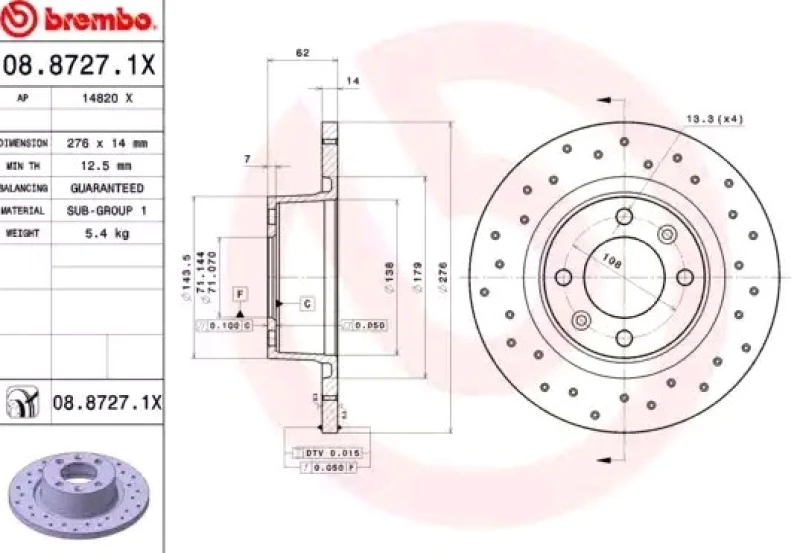 Image of BREMBO 08.8727.1X Brake disc Perforated, Coated Brake Disc (82)
