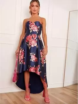 Image of Chi Chi London Strapless Floral Printed Dip Hem Dress - Navy, Size 8, Women